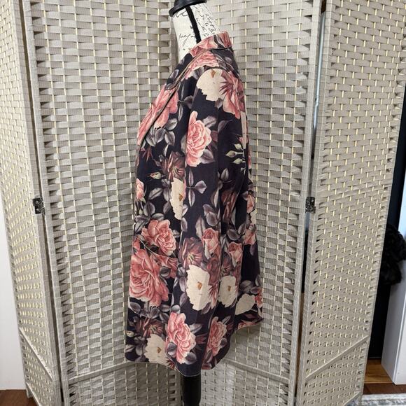 Solitaire Faux Suede Open Jacket Size L Pink Brown Floral Notch Collar Pockets - Picture 2 of 9